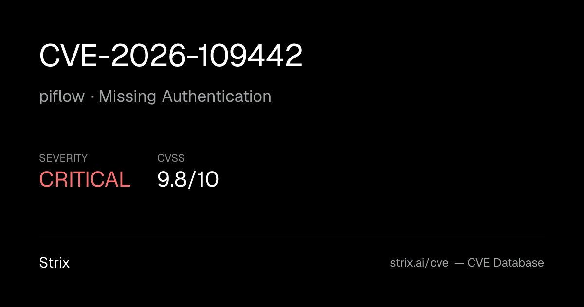 CVE-2026-109442: piflow Missing Authentication (CVSS 9.8)