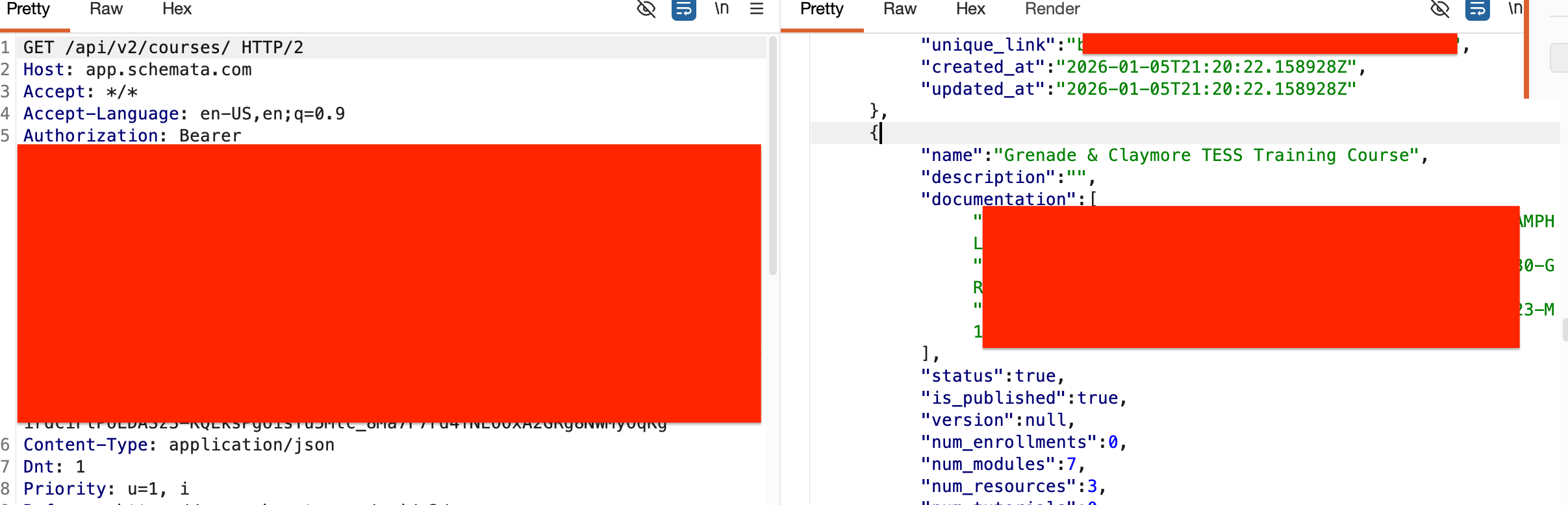 Redacted course listing showing sensitive military training modules returned to an unprivileged account.